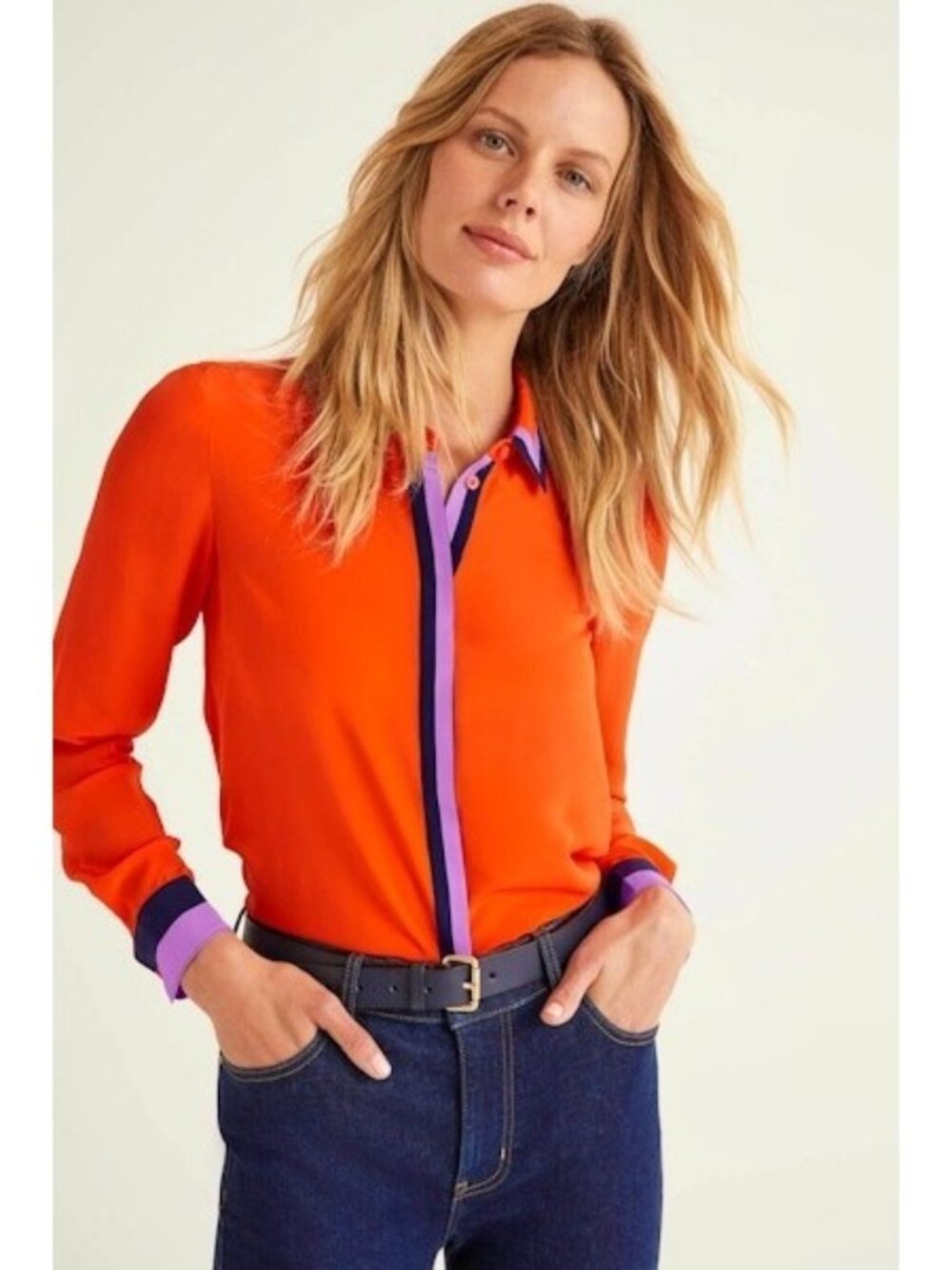 Boden 100% Silk Shirt Blouse Orange Striped Long Sleeve Size US 6 UK 10